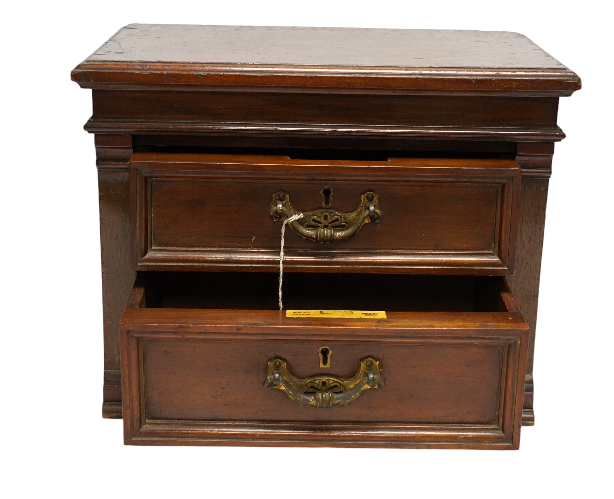 A Victorian mahogany two drawer table top cabinet, 37cm. Condition - fair